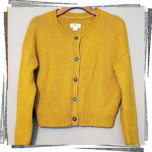 Gold Alpaca Blend Cardigan Sweater w Black & White Floral Buttons (S) by Maeve - Picture 2 of 4